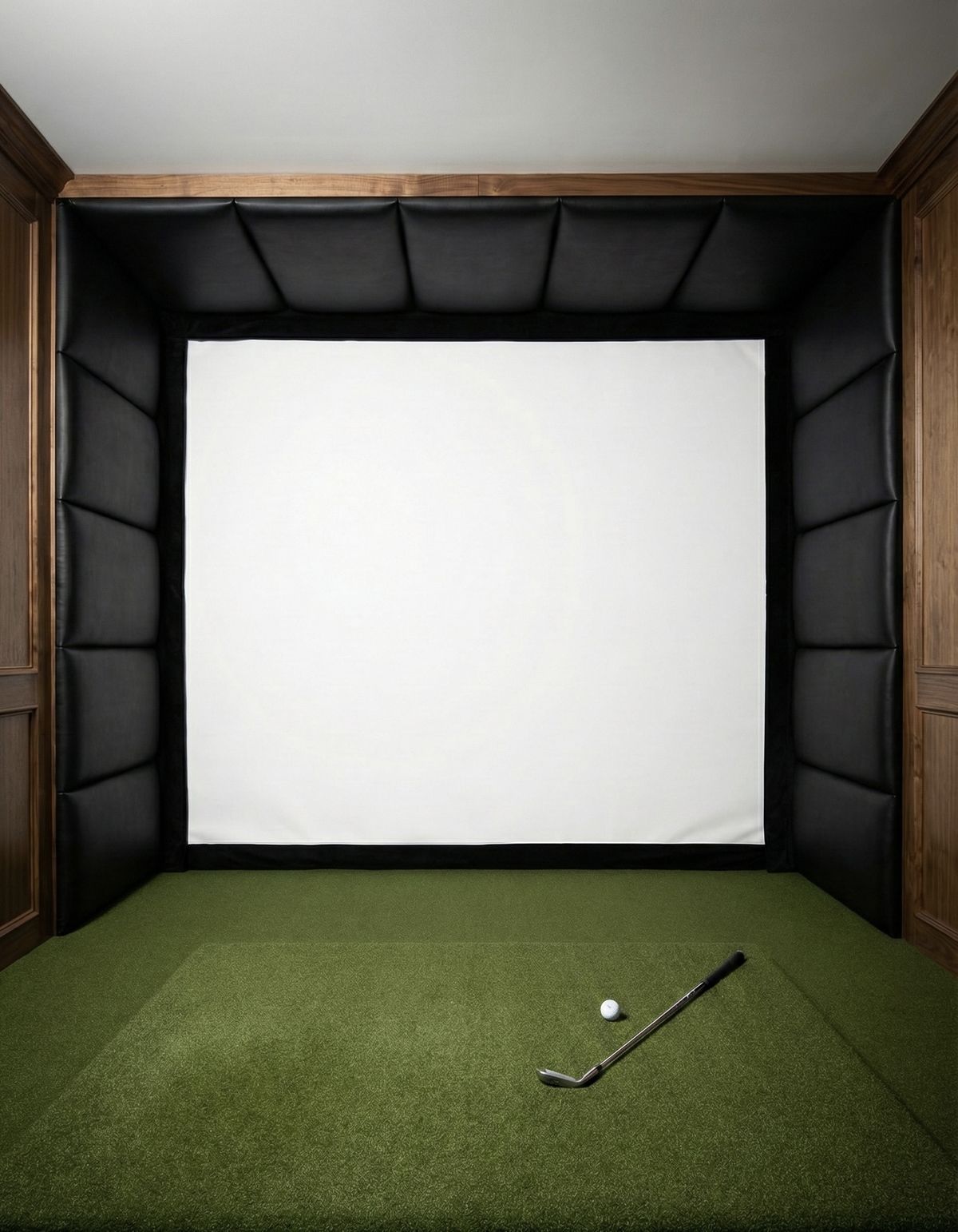 Premium indoor golf simulator with black tufted Shank Pro wall panels, white impact screen, and green turf