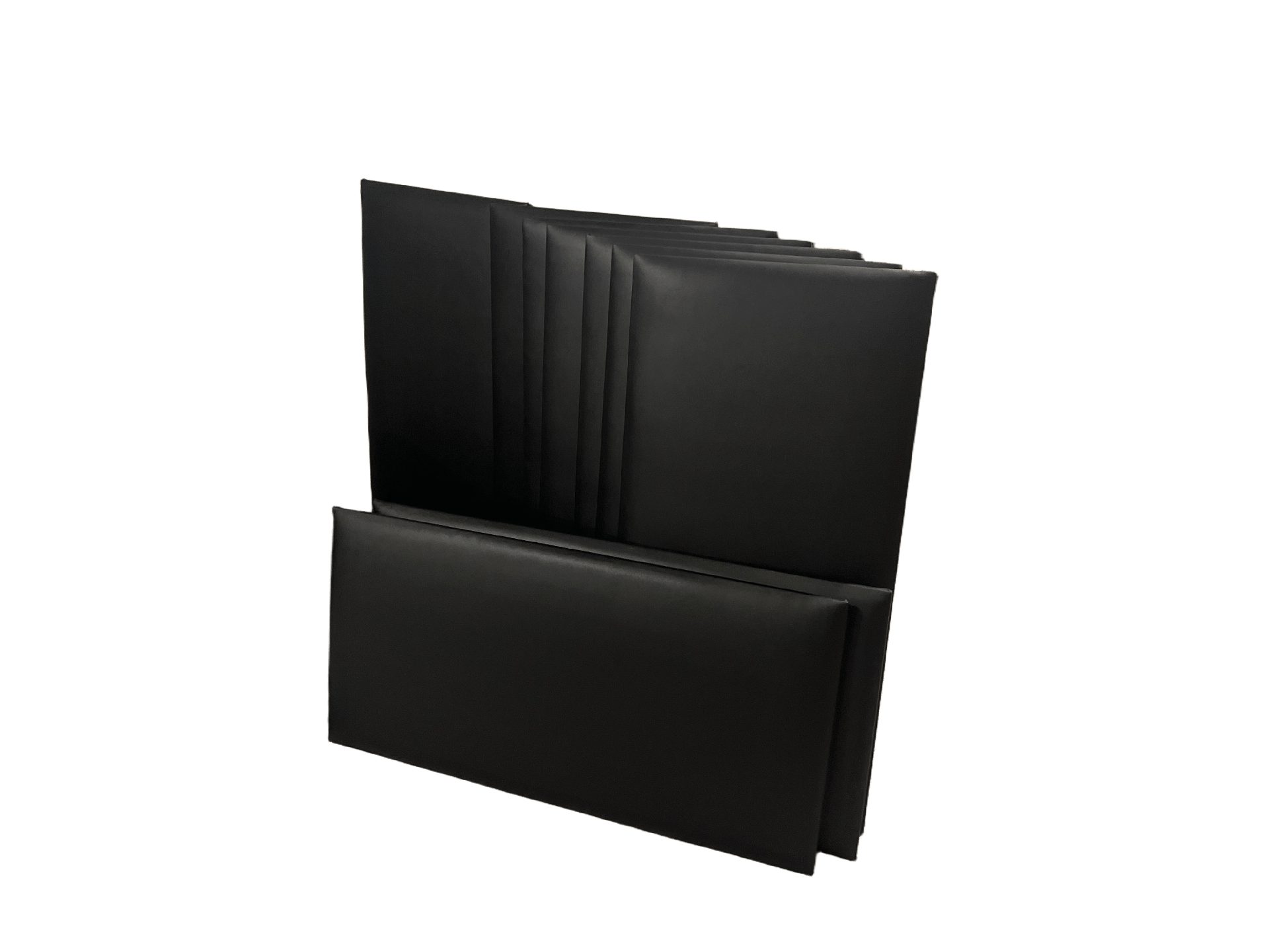 Shank Pro black tufted wall panels displayed in a fan arrangement on white background