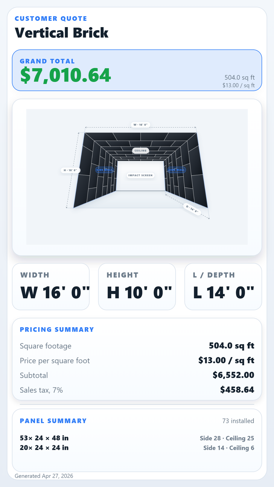 Shank Pro custom quote tool showing a 504 sq ft room at $13/sq ft totaling $7,010.64